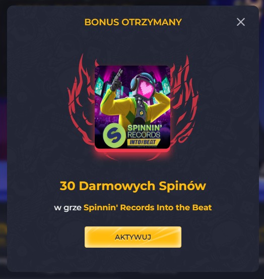 Informacja o aktywowaniu 30 spinów w RollingSlots