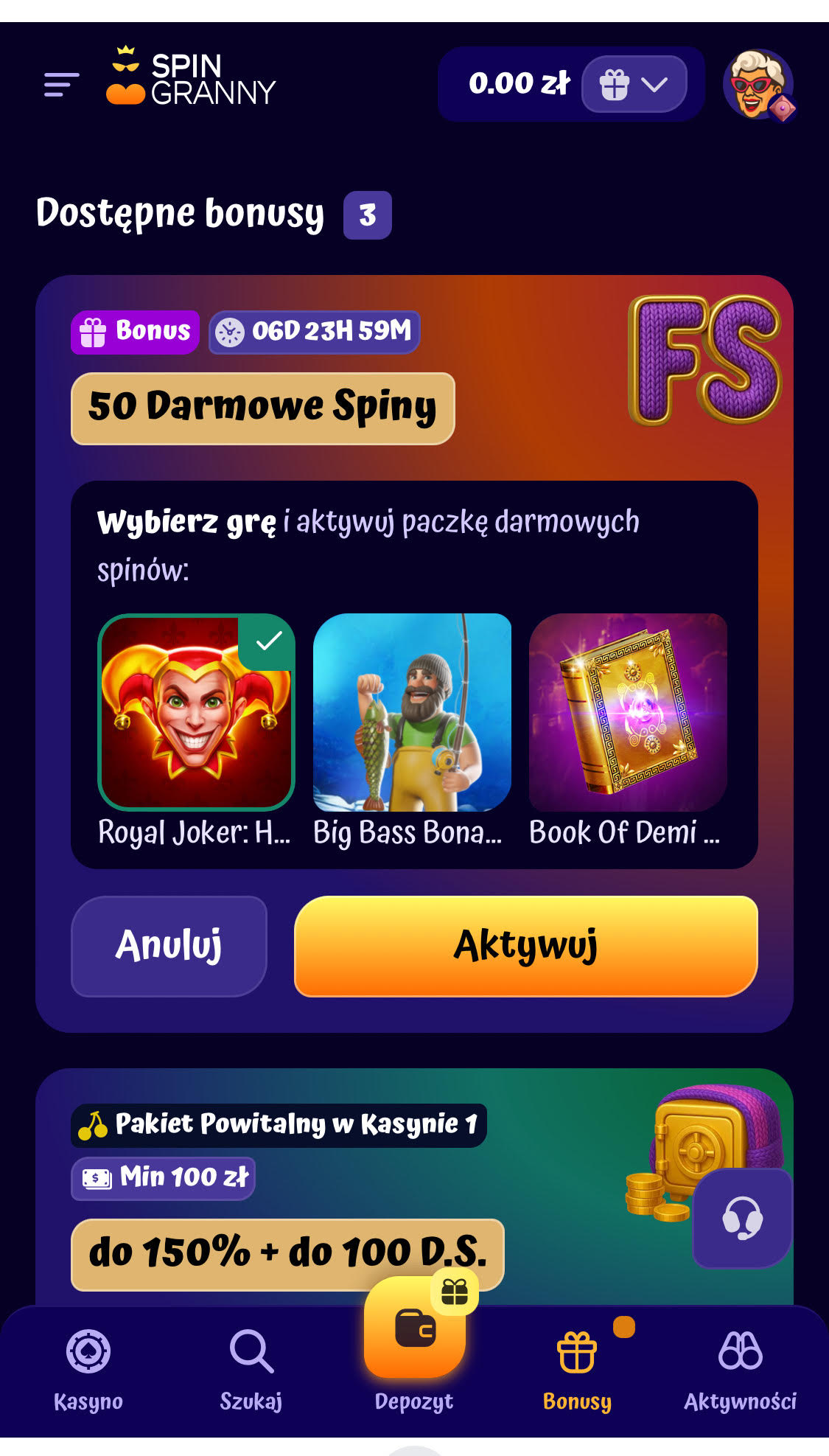 Informacja o 50 free spinach na stronie Spingranny na telefonie