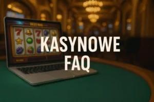 Napis kasynowe FAQ na tle laptopa z grą kasynową
