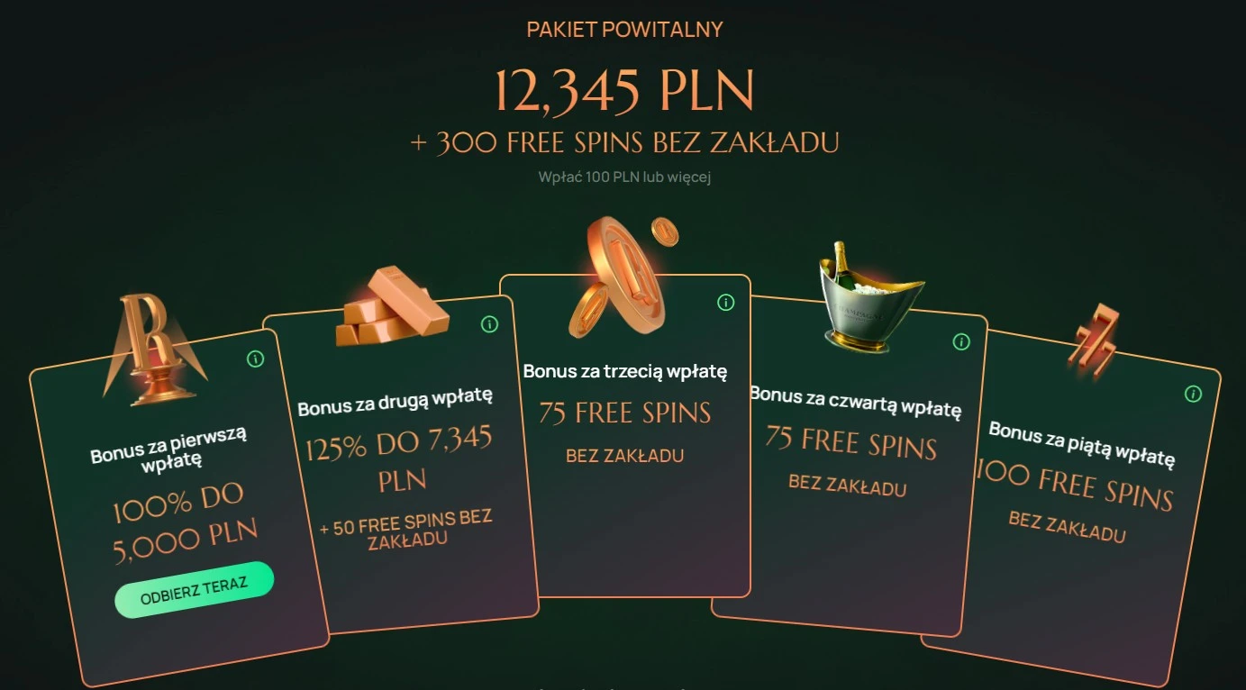 Screen ze strony kasyna Ritzo z widocznym pakietem powitalnym