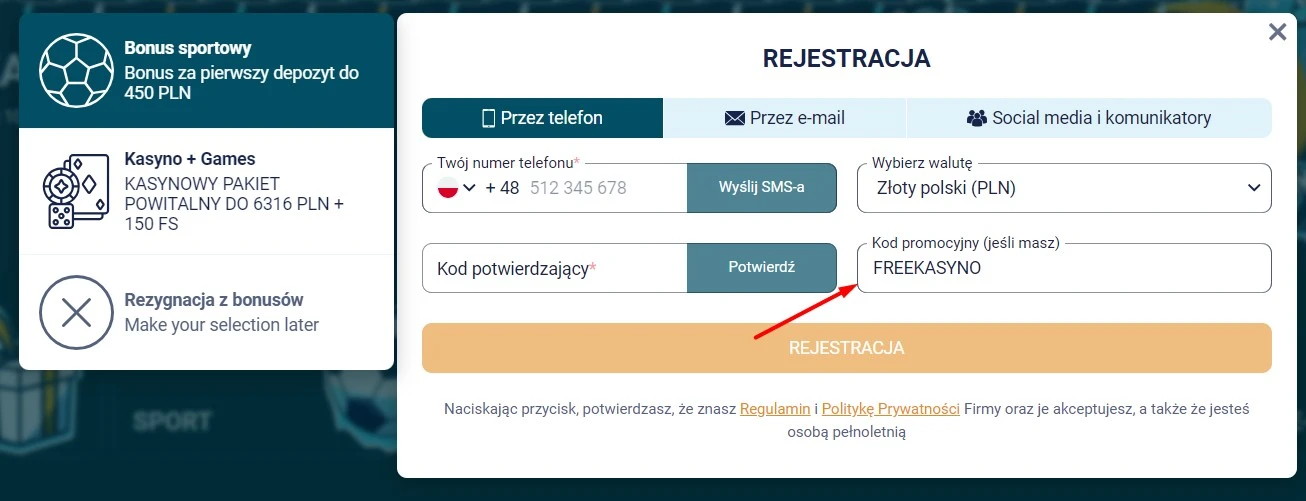 Formularz rejestracji w Coldbet