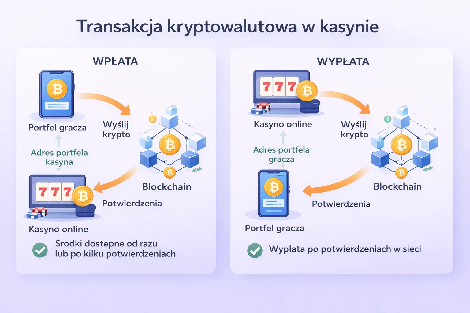 Grafika ilustrująca proces wpłaty i wypłaty kryptowalutowej w kasynie online
