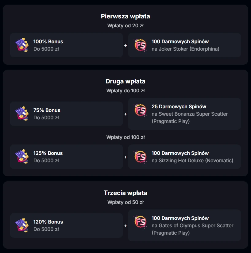 Rozpiska bonus&oacute;w od wpłaty w Yep Casino