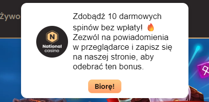 Informacja o możliwości otrzymaniu spinów za zgodę na powiadomienia