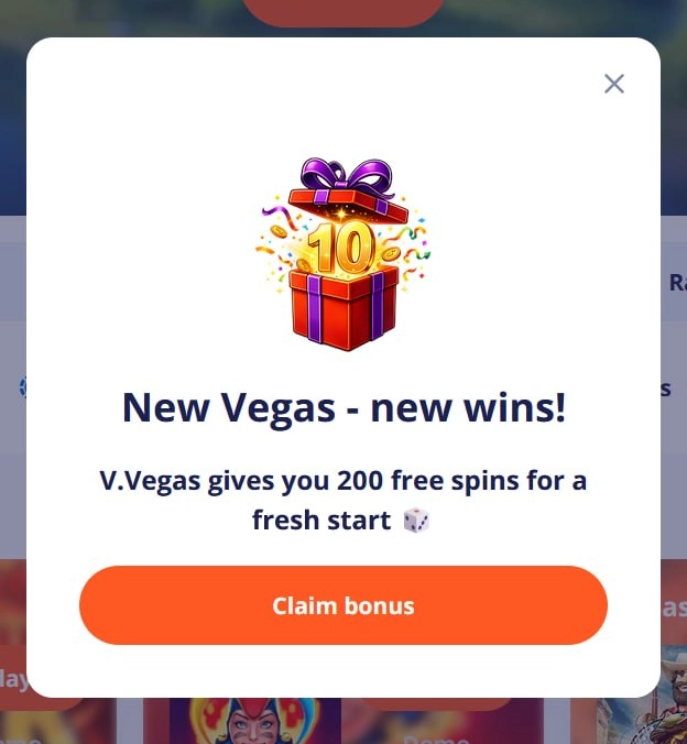Informacja o 200 darmowych spinach w kasynie V.Vegas
