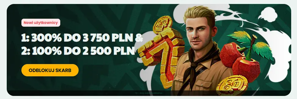 Tikal Casino - fragment strony z grafiką informującą o promocji powitalnej