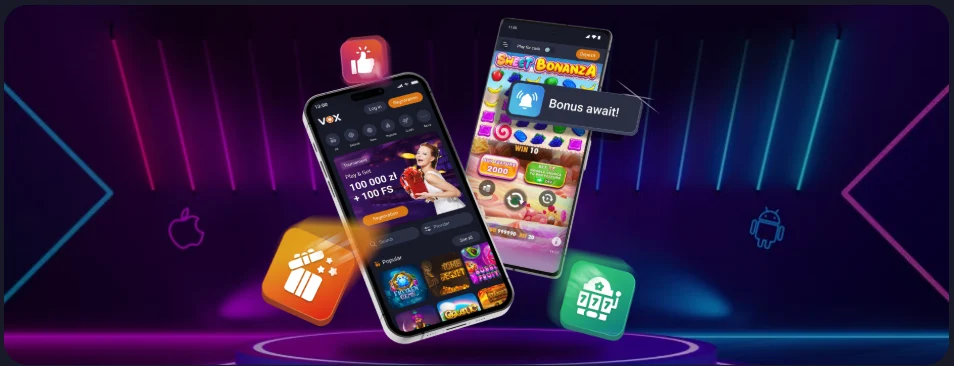 Aplikacja Vox Casino na kolorowej grafice